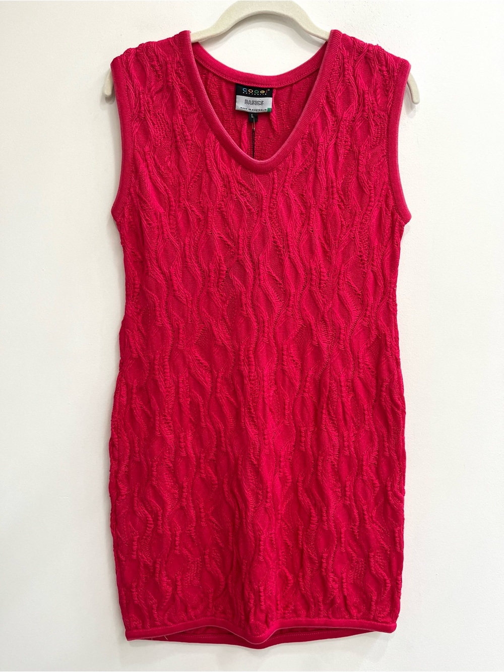 Coogi Basics Mercerized Cotton Sleeveless Sweater Dress Wavy 3-D Knit Hot Pink L